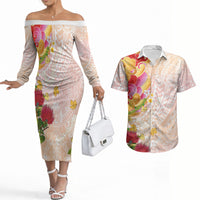 Japanese and Hawaiian Culture Fusion Couples Matching Off The Shoulder Long Sleeve Dress and Hawaiian Shirt Irezumi with Turtles and Lei Kakau Pattern Sunset Vibe