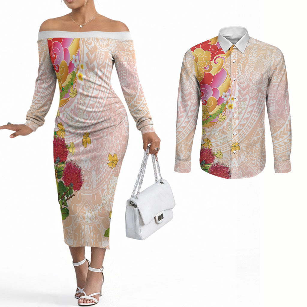 Japanese and Hawaiian Culture Fusion Couples Matching Off The Shoulder Long Sleeve Dress and Long Sleeve Button Shirt Irezumi with Turtles and Lei Kakau Pattern Sunset Vibe