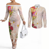 Japanese and Hawaiian Culture Fusion Couples Matching Off The Shoulder Long Sleeve Dress and Long Sleeve Button Shirt Irezumi with Turtles and Lei Kakau Pattern Sunset Vibe