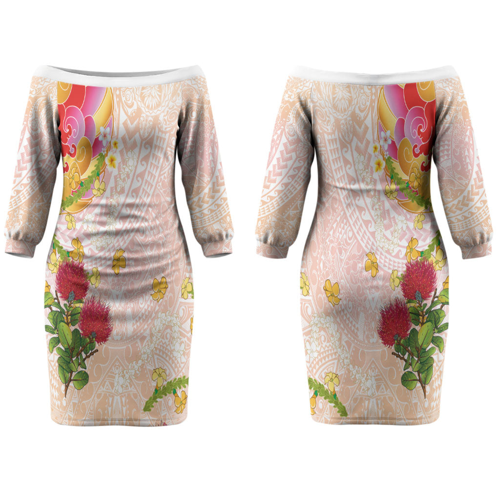 Japanese and Hawaiian Culture Fusion Couples Matching Off The Shoulder Long Sleeve Dress and Long Sleeve Button Shirt Irezumi with Turtles and Lei Kakau Pattern Sunset Vibe
