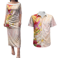Japanese and Hawaiian Culture Fusion Couples Matching Puletasi and Hawaiian Shirt Irezumi with Turtles and Lei Kakau Pattern Sunset Vibe