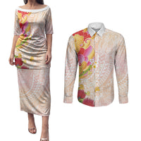 Japanese and Hawaiian Culture Fusion Couples Matching Puletasi and Long Sleeve Button Shirt Irezumi with Turtles and Lei Kakau Pattern Sunset Vibe