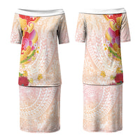 Japanese and Hawaiian Culture Fusion Couples Matching Puletasi and Long Sleeve Button Shirt Irezumi with Turtles and Lei Kakau Pattern Sunset Vibe