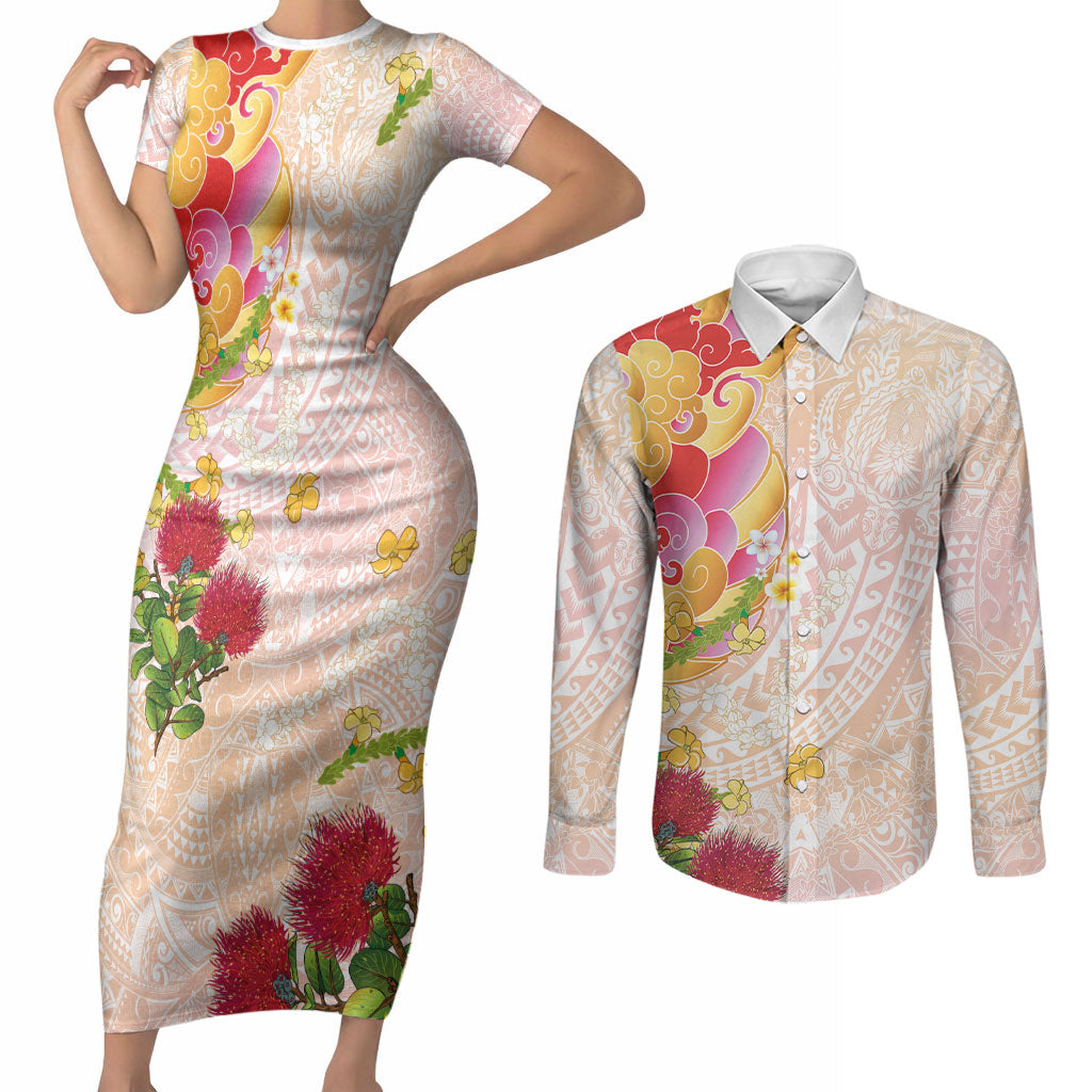 Japanese and Hawaiian Culture Fusion Couples Matching Short Sleeve Bodycon Dress and Long Sleeve Button Shirt Irezumi with Turtles and Lei Kakau Pattern Sunset Vibe