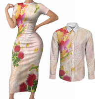 Japanese and Hawaiian Culture Fusion Couples Matching Short Sleeve Bodycon Dress and Long Sleeve Button Shirt Irezumi with Turtles and Lei Kakau Pattern Sunset Vibe