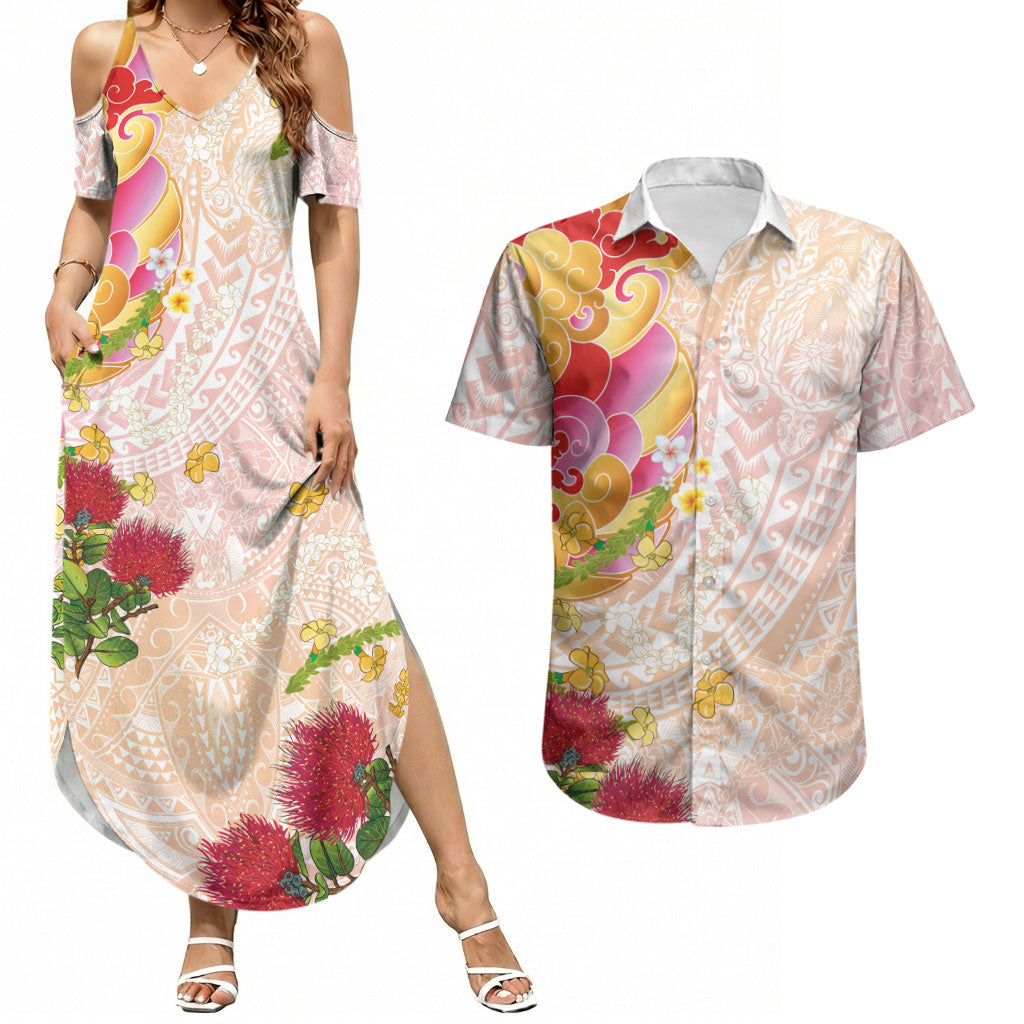 Japanese and Hawaiian Culture Fusion Couples Matching Summer Maxi Dress and Hawaiian Shirt Irezumi with Turtles and Lei Kakau Pattern Sunset Vibe