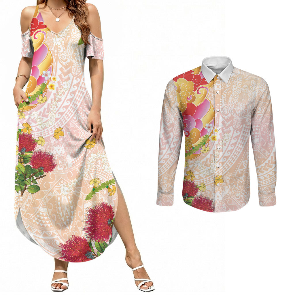 Japanese and Hawaiian Culture Fusion Couples Matching Summer Maxi Dress and Long Sleeve Button Shirt Irezumi with Turtles and Lei Kakau Pattern Sunset Vibe
