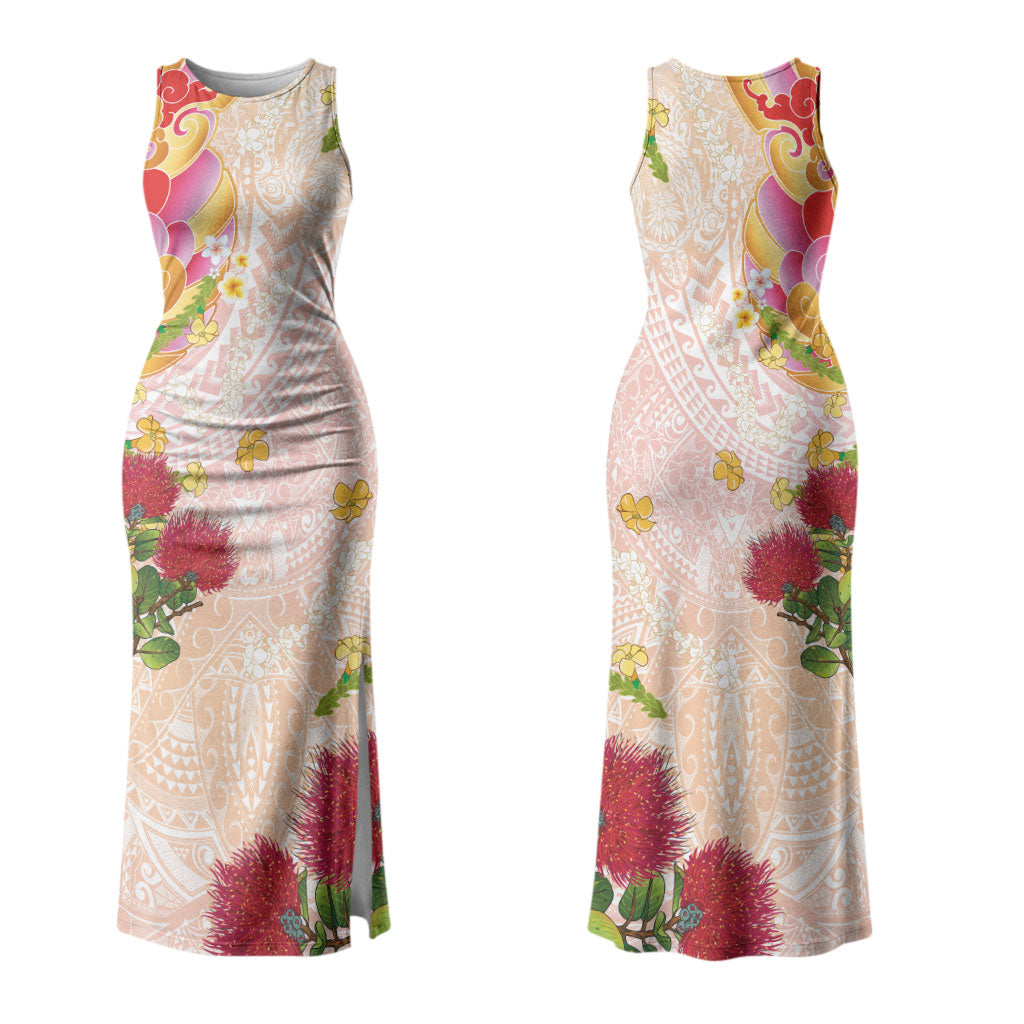 Japanese and Hawaiian Culture Fusion Couples Matching Tank Maxi Dress and Hawaiian Shirt Irezumi with Turtles and Lei Kakau Pattern Sunset Vibe
