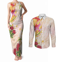 Japanese and Hawaiian Culture Fusion Couples Matching Tank Maxi Dress and Long Sleeve Button Shirt Irezumi with Turtles and Lei Kakau Pattern Sunset Vibe