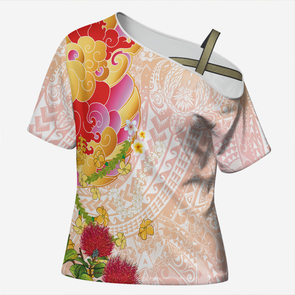 Japanese and Hawaiian Culture Fusion Cross Shoulder Shirt Irezumi with Turtles and Lei Kakau Pattern Sunset Vibe