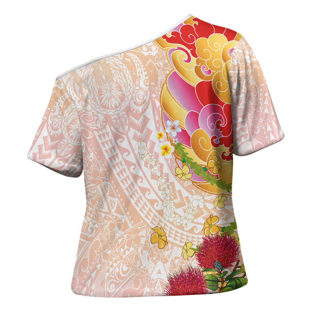 Japanese and Hawaiian Culture Fusion Cross Shoulder Shirt Irezumi with Turtles and Lei Kakau Pattern Sunset Vibe