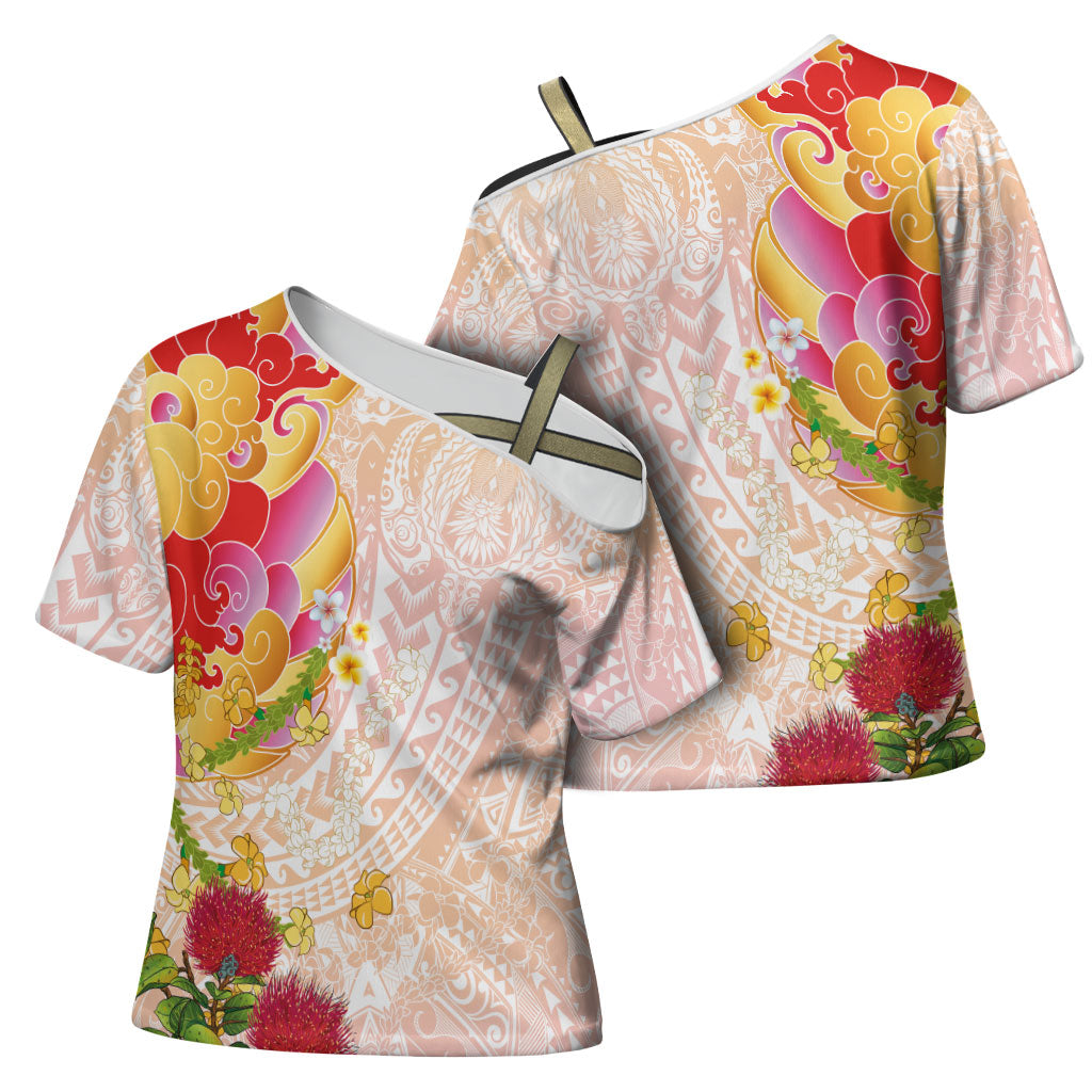 Japanese and Hawaiian Culture Fusion Cross Shoulder Shirt Irezumi with Turtles and Lei Kakau Pattern Sunset Vibe