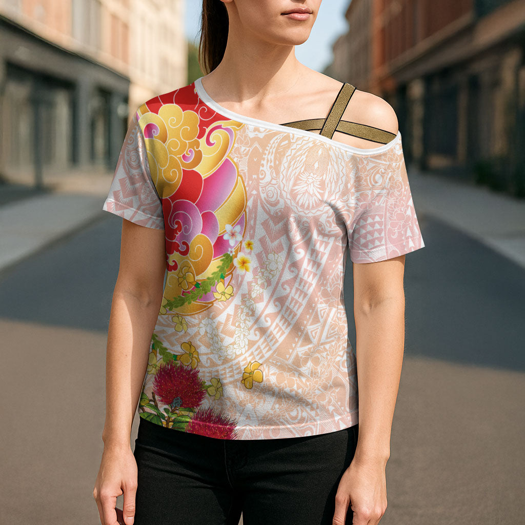Japanese and Hawaiian Culture Fusion Cross Shoulder Shirt Irezumi with Turtles and Lei Kakau Pattern Sunset Vibe