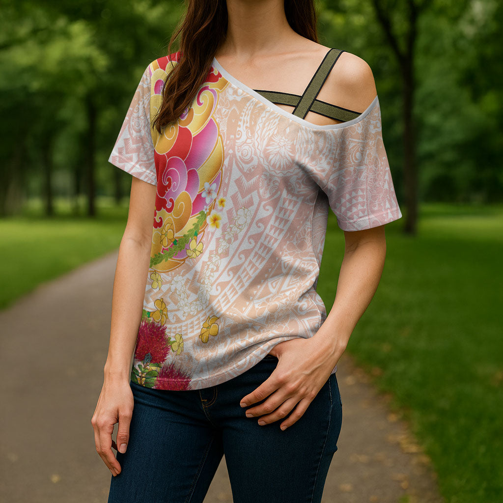 Japanese and Hawaiian Culture Fusion Cross Shoulder Shirt Irezumi with Turtles and Lei Kakau Pattern Sunset Vibe