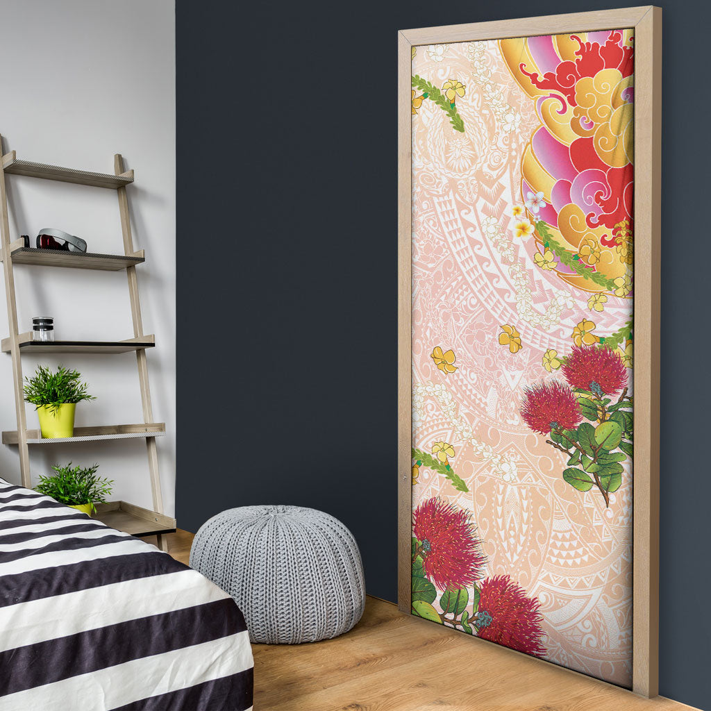 Japanese and Hawaiian Culture Fusion Door Cover Irezumi with Turtles and Lei Kakau Pattern Sunset Vibe