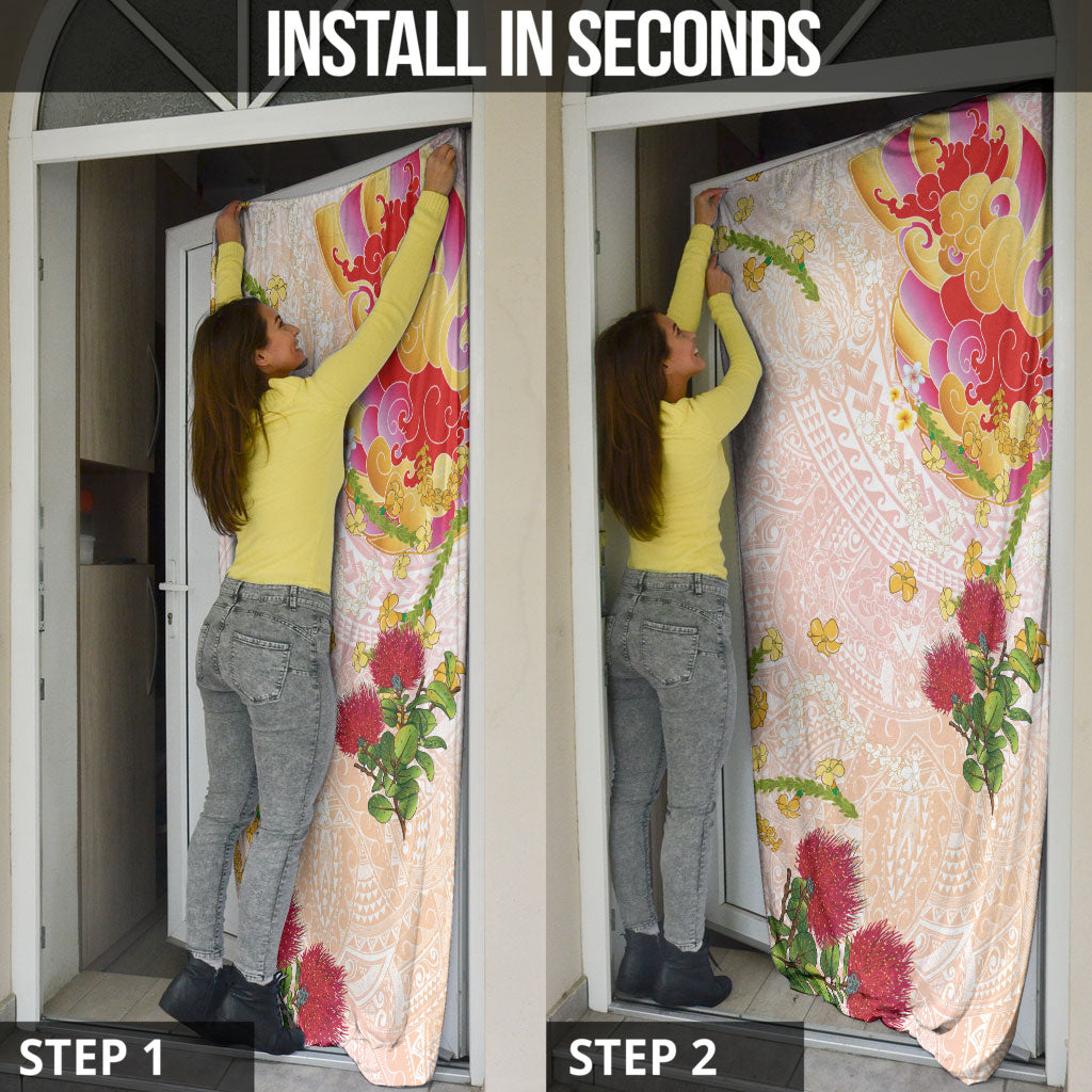 Japanese and Hawaiian Culture Fusion Door Cover Irezumi with Turtles and Lei Kakau Pattern Sunset Vibe