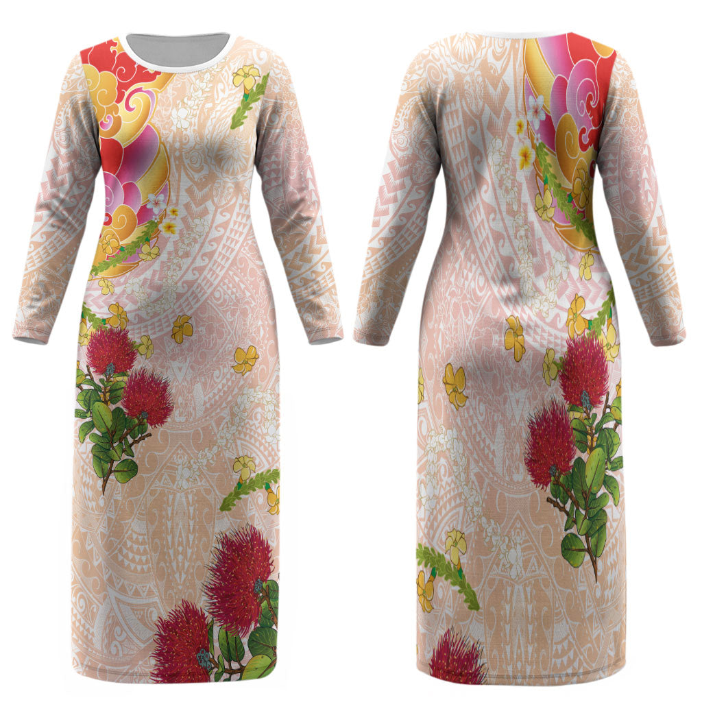 Japanese and Hawaiian Culture Fusion Family Matching Long Sleeve Bodycon Dress and Hawaiian Shirt Irezumi with Turtles and Lei Kakau Pattern Sunset Vibe