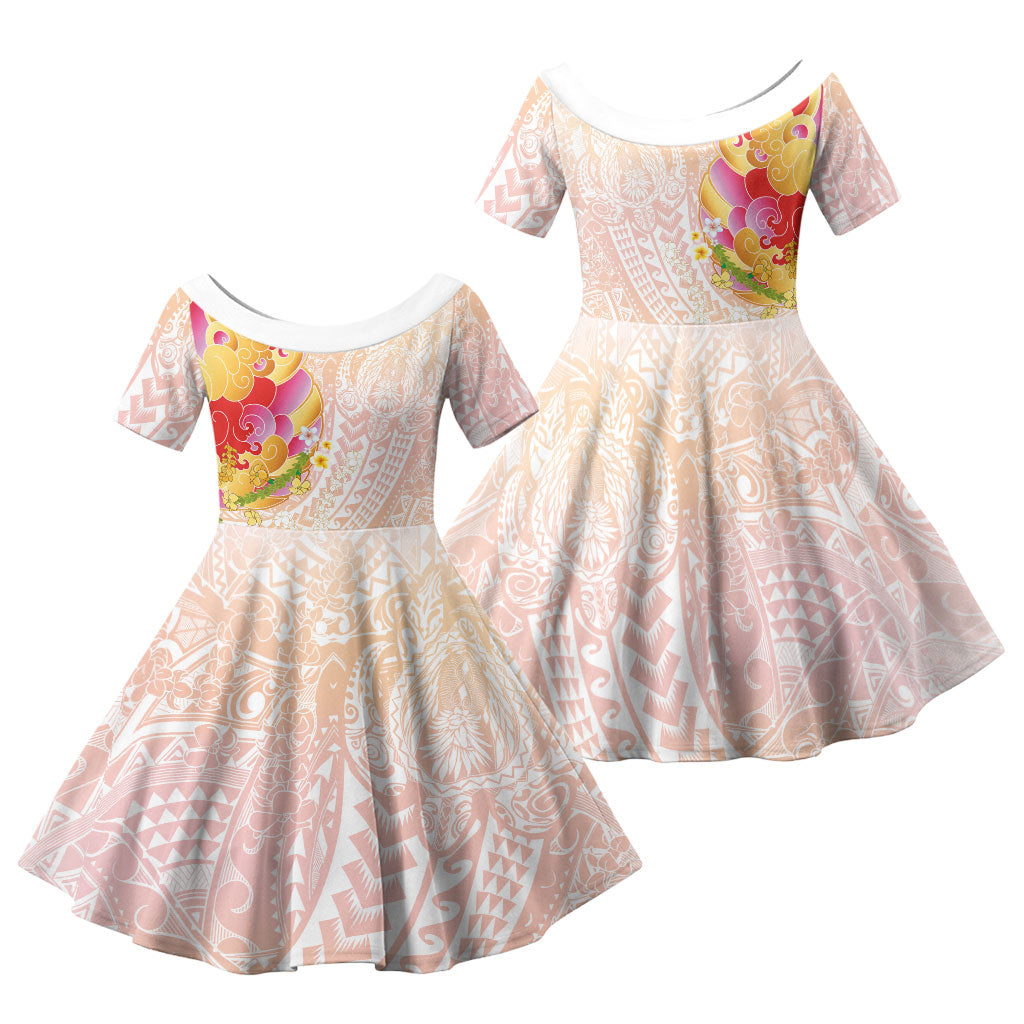 Japanese and Hawaiian Culture Fusion Family Matching Off The Shoulder Long Sleeve Dress and Hawaiian Shirt Irezumi with Turtles and Lei Kakau Pattern Sunset Vibe
