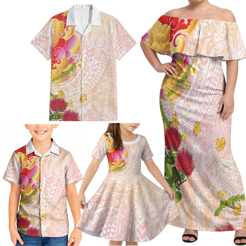 Japanese and Hawaiian Culture Fusion Family Matching Off Shoulder Maxi Dress and Hawaiian Shirt Irezumi with Turtles and Lei Kakau Pattern Sunset Vibe LT03 - Polynesian Pride