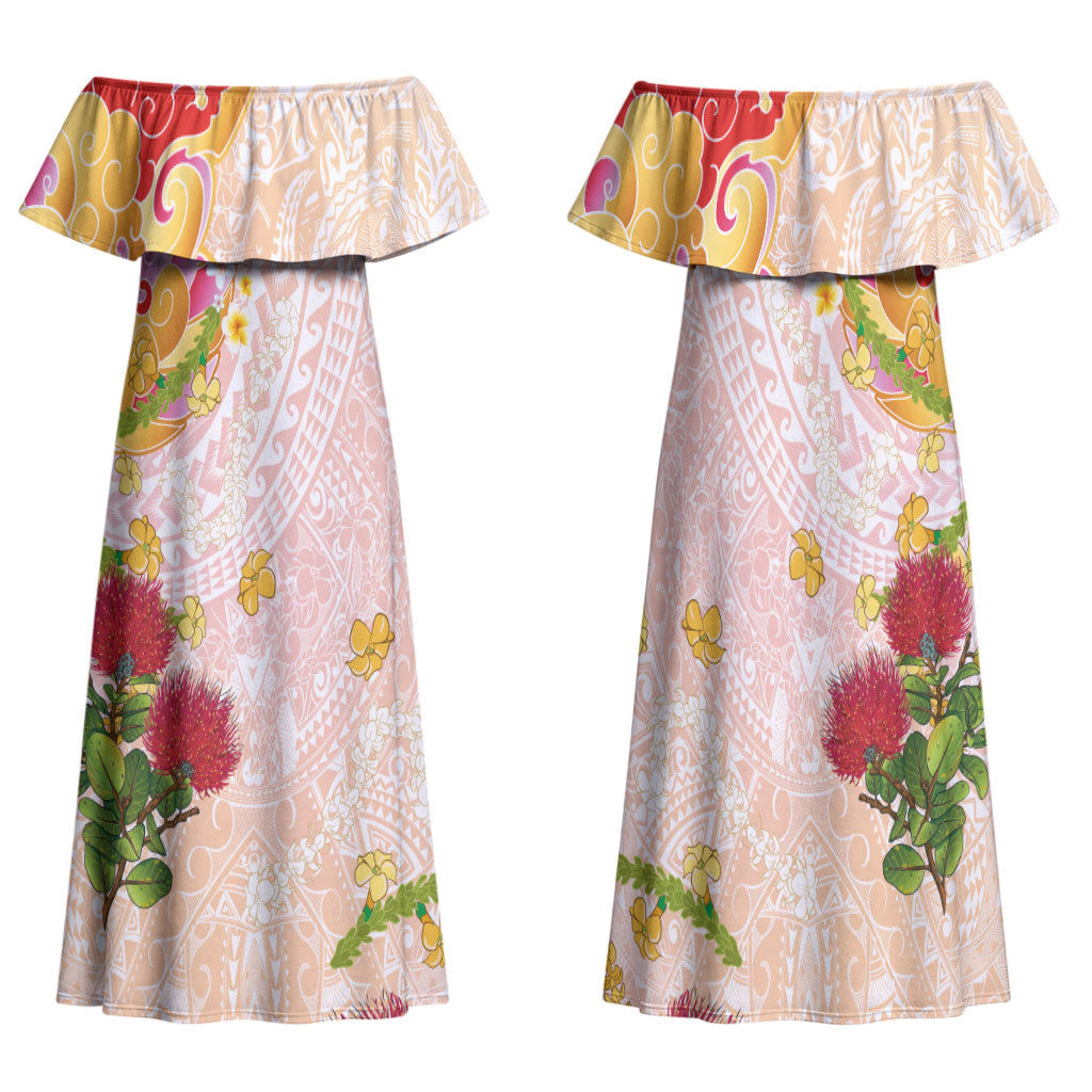 Japanese and Hawaiian Culture Fusion Family Matching Off Shoulder Maxi Dress and Hawaiian Shirt Irezumi with Turtles and Lei Kakau Pattern Sunset Vibe