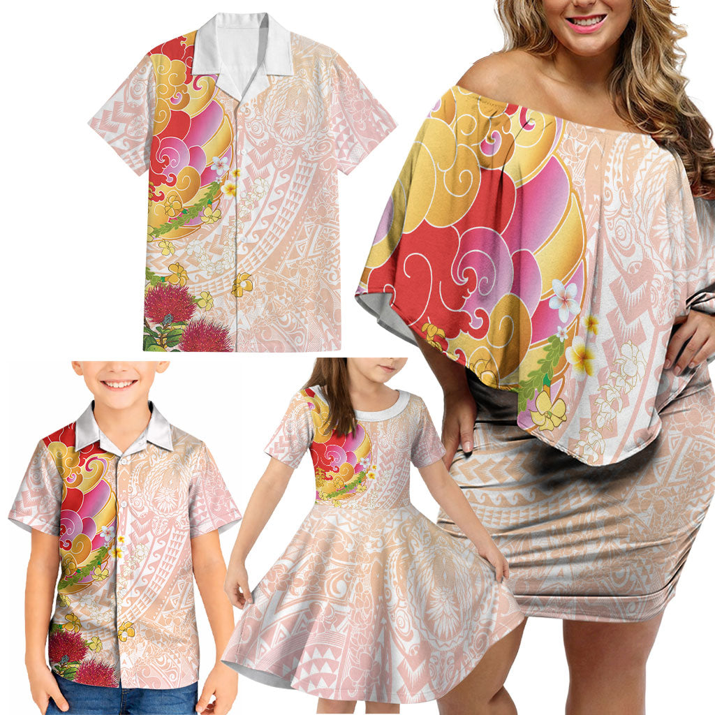 Japanese and Hawaiian Culture Fusion Family Matching Off Shoulder Short Dress and Hawaiian Shirt Irezumi with Turtles and Lei Kakau Pattern Sunset Vibe
