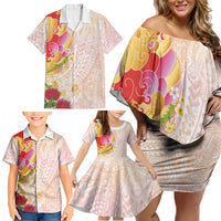 Japanese and Hawaiian Culture Fusion Family Matching Off Shoulder Short Dress and Hawaiian Shirt Irezumi with Turtles and Lei Kakau Pattern Sunset Vibe