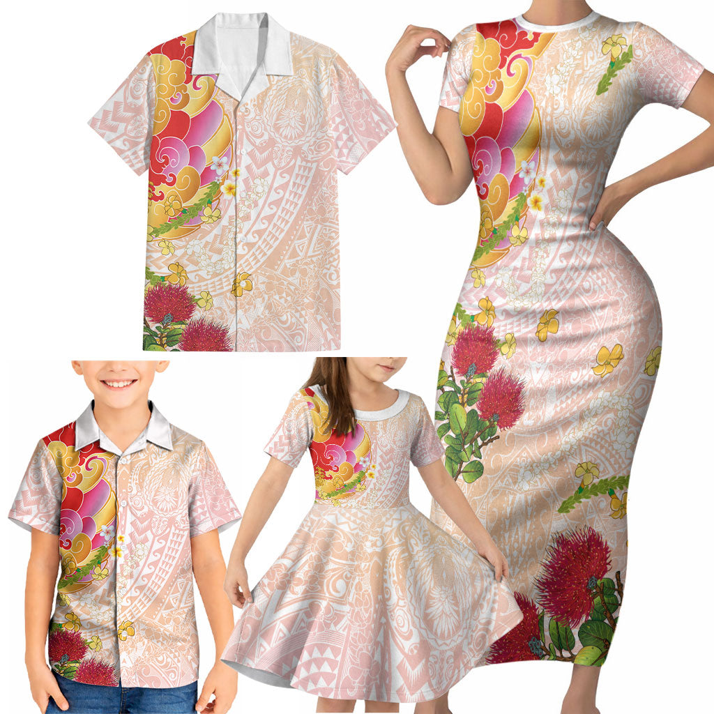 Japanese and Hawaiian Culture Fusion Family Matching Short Sleeve Bodycon Dress and Hawaiian Shirt Irezumi with Turtles and Lei Kakau Pattern Sunset Vibe