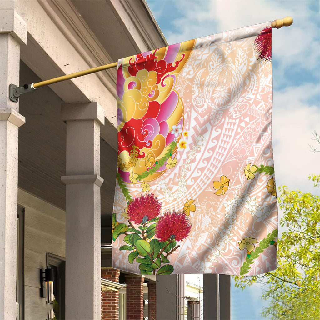 Japanese and Hawaiian Culture Fusion Garden Flag Irezumi with Turtles and Lei Kakau Pattern Sunset Vibe
