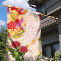 Japanese and Hawaiian Culture Fusion Garden Flag Irezumi with Turtles and Lei Kakau Pattern Sunset Vibe