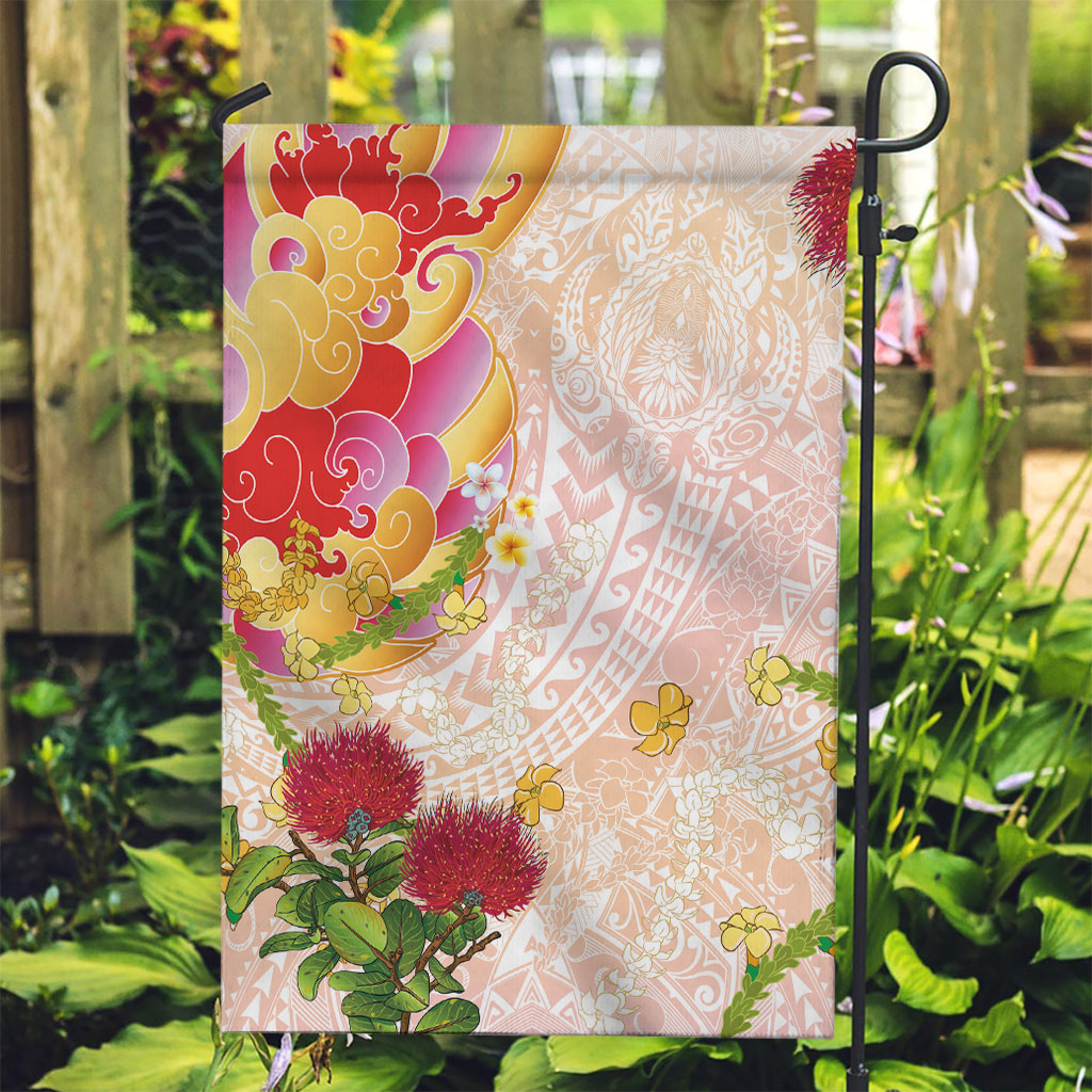 Japanese and Hawaiian Culture Fusion Garden Flag Irezumi with Turtles and Lei Kakau Pattern Sunset Vibe