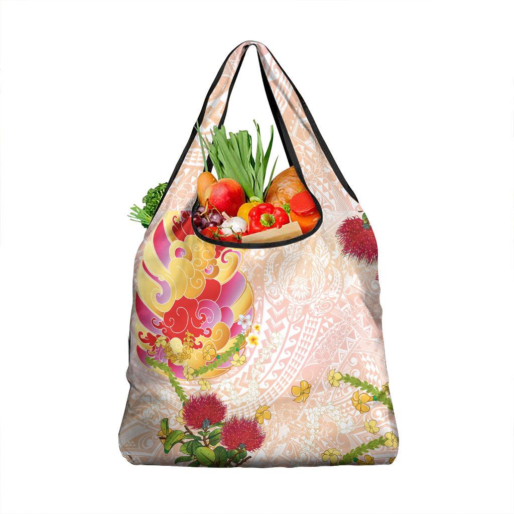 Japanese and Hawaiian Culture Fusion Grocery Bag Irezumi with Turtles and Lei Kakau Pattern Sunset Vibe