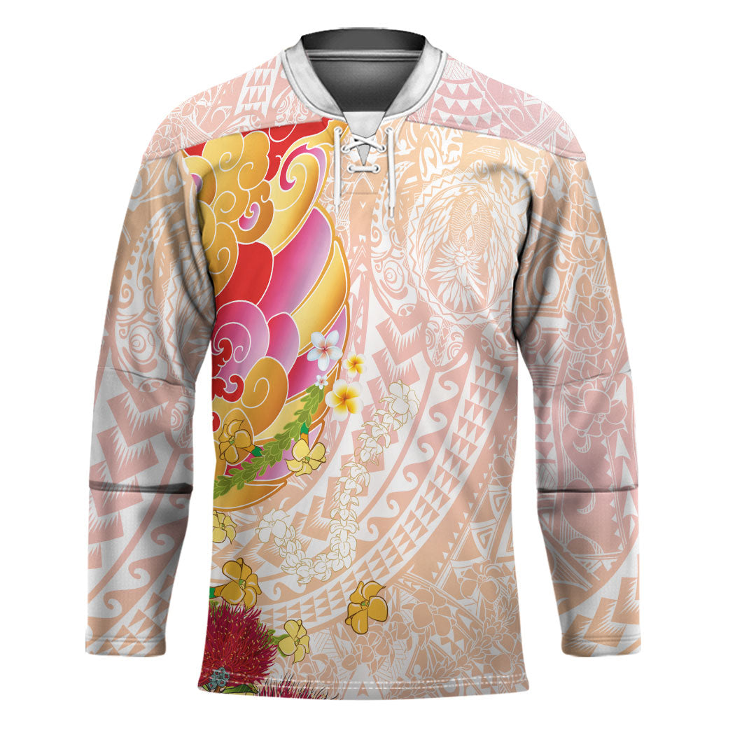 Japanese and Hawaiian Culture Fusion Hockey Jersey Irezumi with Turtles and Lei Kakau Pattern Sunset Vibe