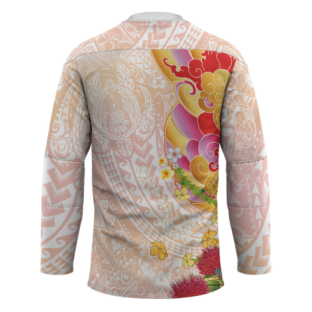 Japanese and Hawaiian Culture Fusion Hockey Jersey Irezumi with Turtles and Lei Kakau Pattern Sunset Vibe