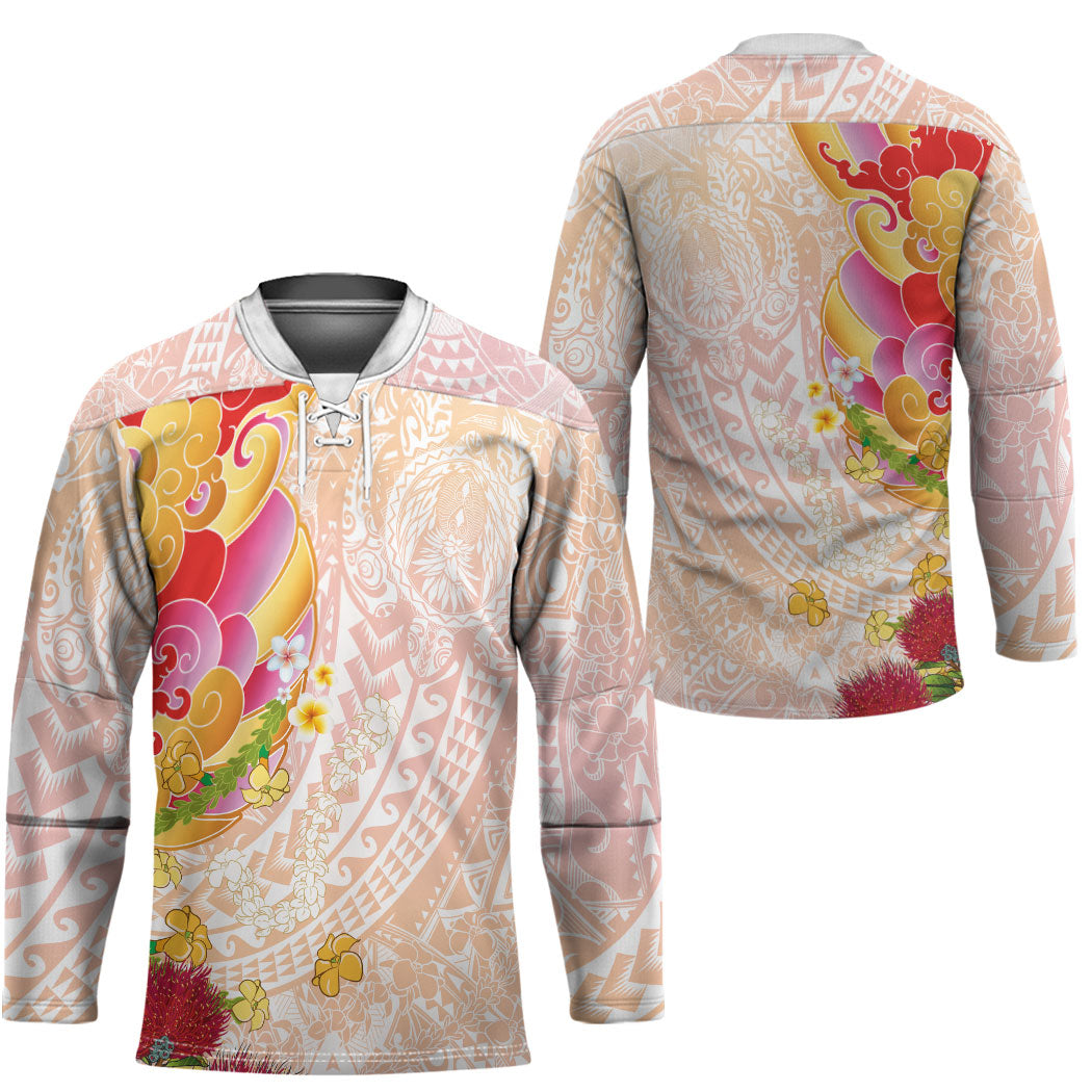 Japanese and Hawaiian Culture Fusion Hockey Jersey Irezumi with Turtles and Lei Kakau Pattern Sunset Vibe