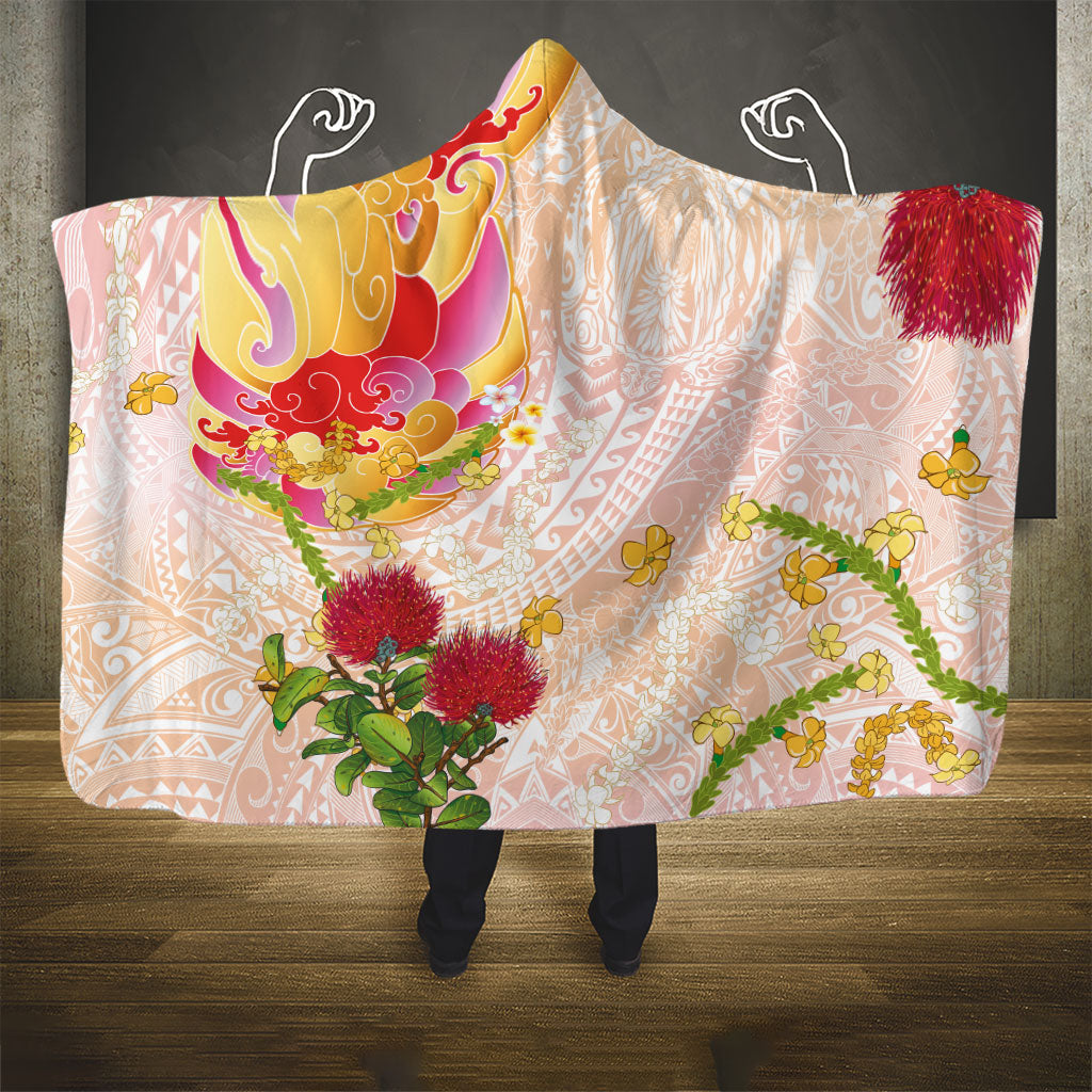 Japanese and Hawaiian Culture Fusion Hooded Blanket Irezumi with Turtles and Lei Kakau Pattern Sunset Vibe