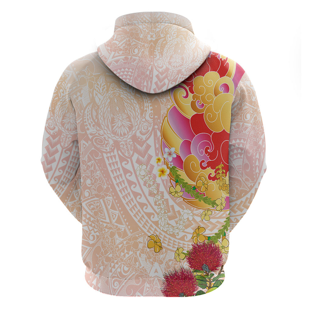 Japanese and Hawaiian Culture Fusion Hoodie Irezumi with Turtles and Lei Kakau Pattern Sunset Vibe