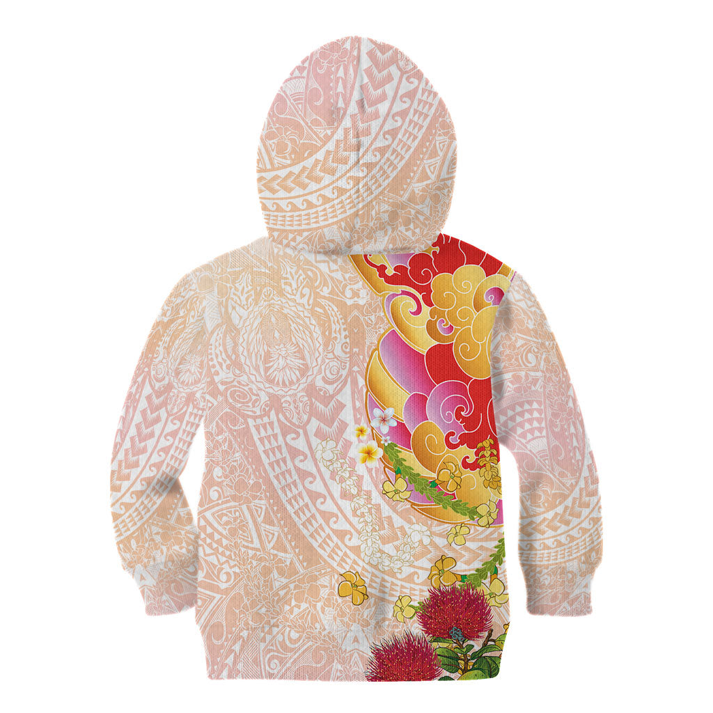 Japanese and Hawaiian Culture Fusion Kid Hoodie Irezumi with Turtles and Lei Kakau Pattern Sunset Vibe