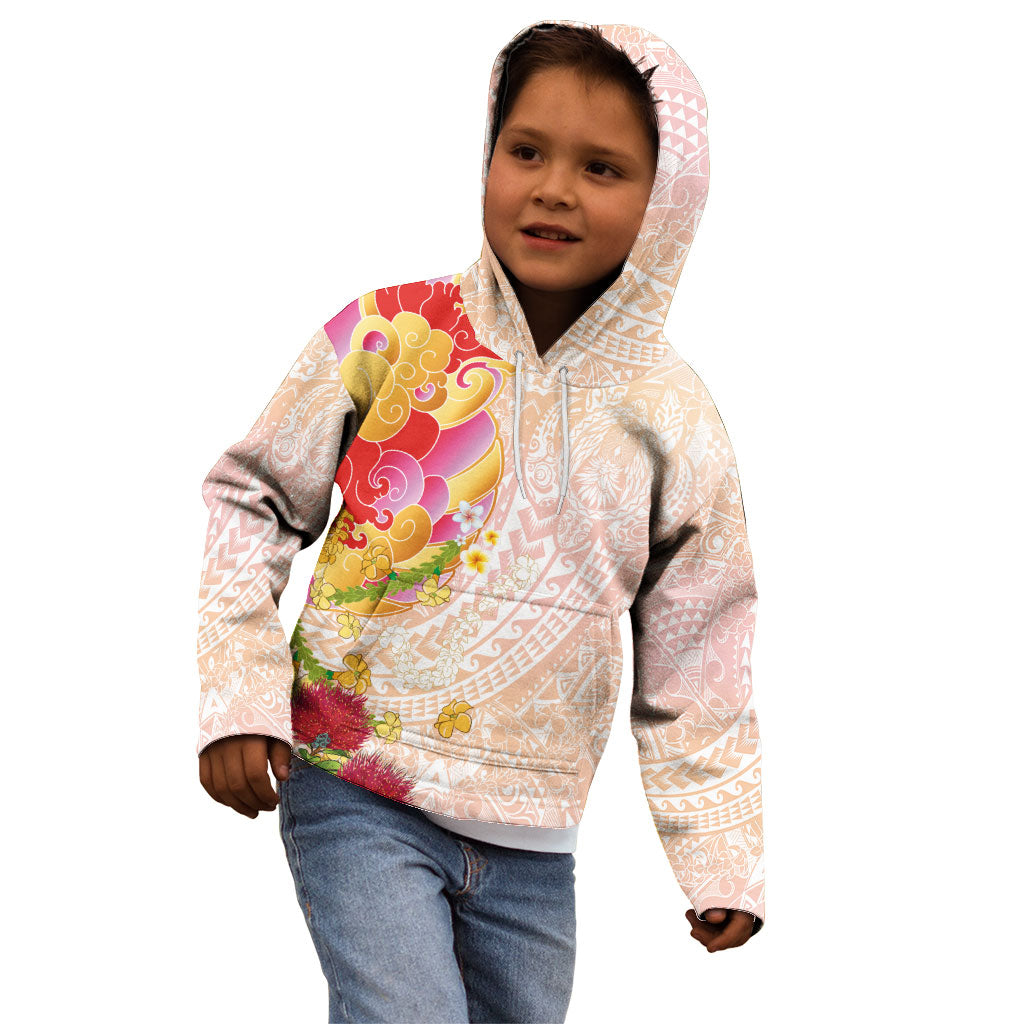 Japanese and Hawaiian Culture Fusion Kid Hoodie Irezumi with Turtles and Lei Kakau Pattern Sunset Vibe