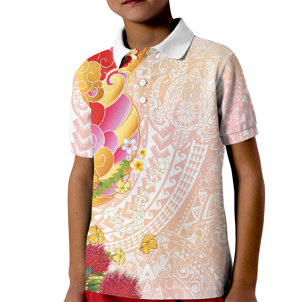 Japanese and Hawaiian Culture Fusion Kid Polo Shirt Irezumi with Turtles and Lei Kakau Pattern Sunset Vibe