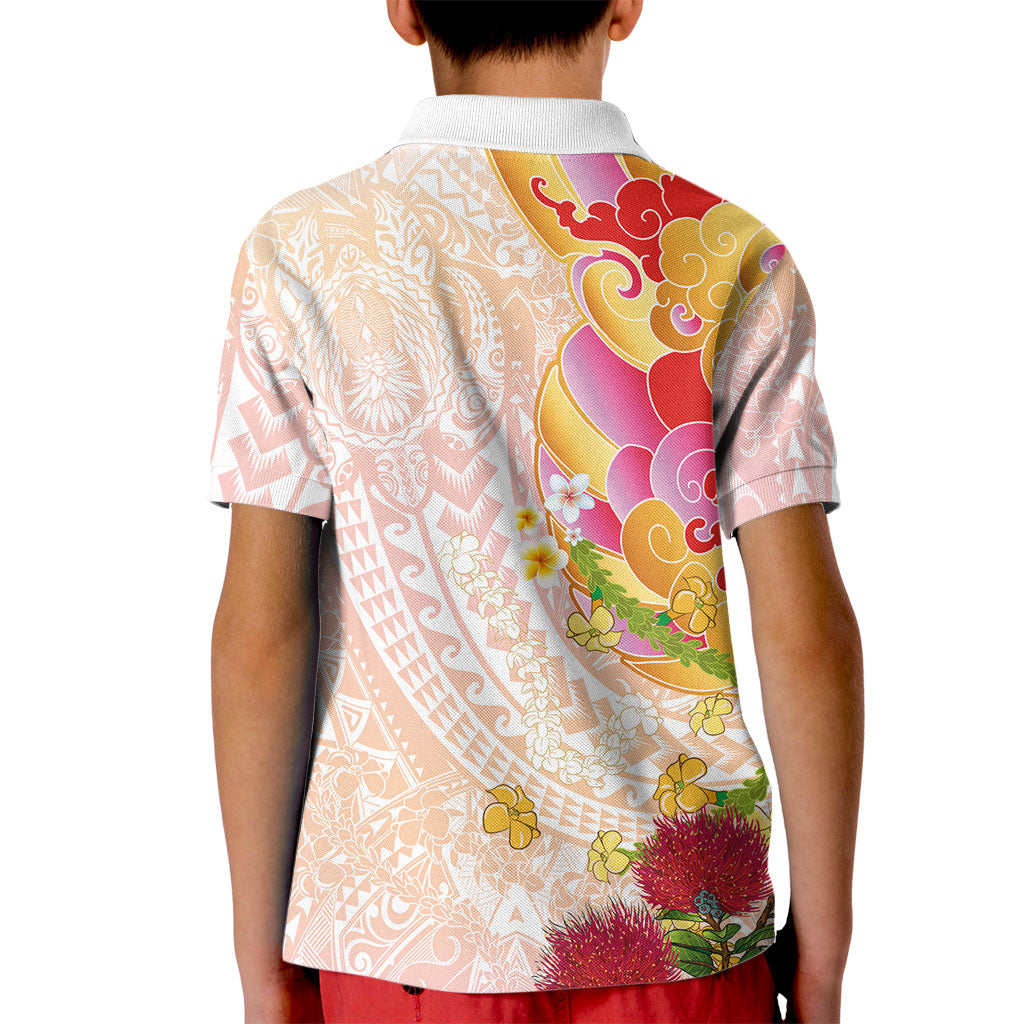 Japanese and Hawaiian Culture Fusion Kid Polo Shirt Irezumi with Turtles and Lei Kakau Pattern Sunset Vibe