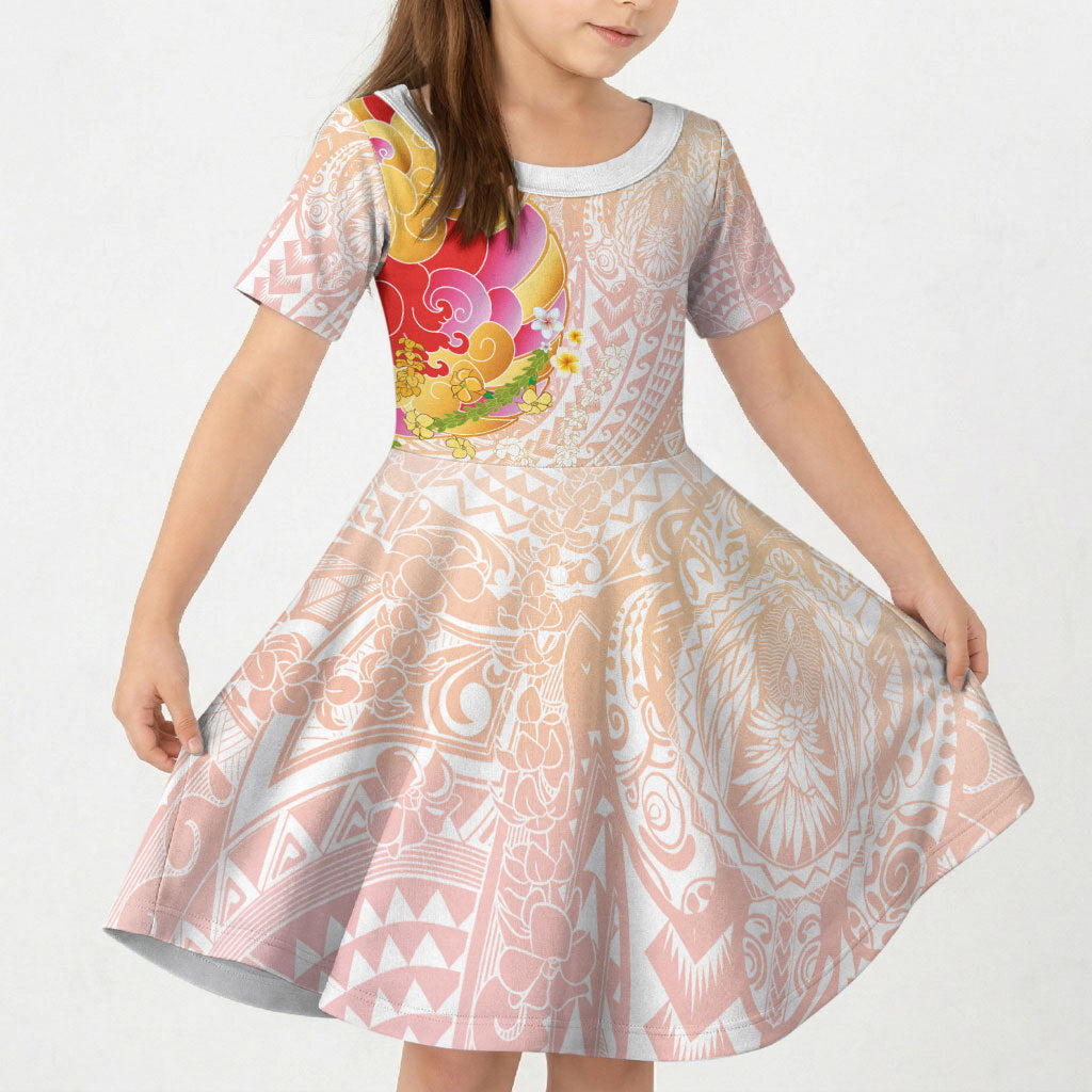 Japanese and Hawaiian Culture Fusion Kid Short Sleeve Dress Irezumi with Turtles and Lei Kakau Pattern Sunset Vibe