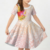 Japanese and Hawaiian Culture Fusion Kid Short Sleeve Dress Irezumi with Turtles and Lei Kakau Pattern Sunset Vibe