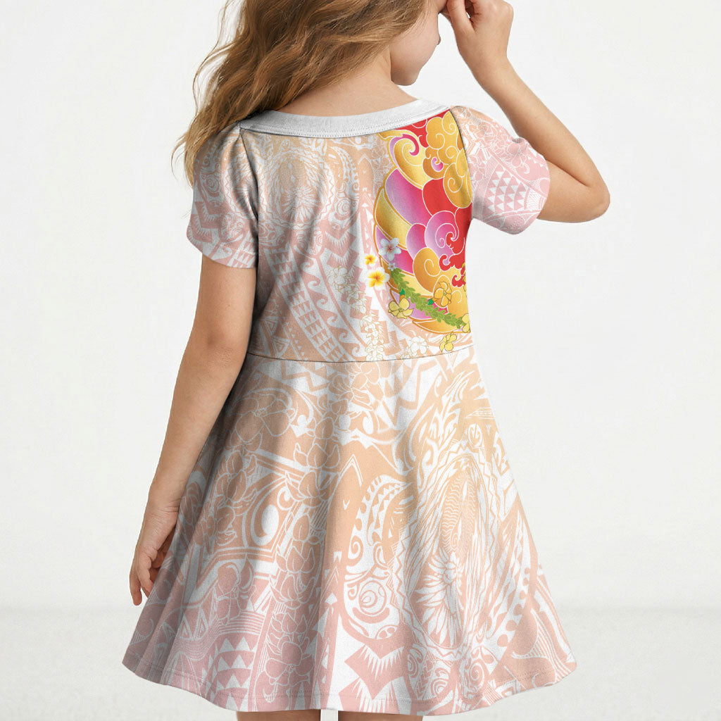 Japanese and Hawaiian Culture Fusion Kid Short Sleeve Dress Irezumi with Turtles and Lei Kakau Pattern Sunset Vibe