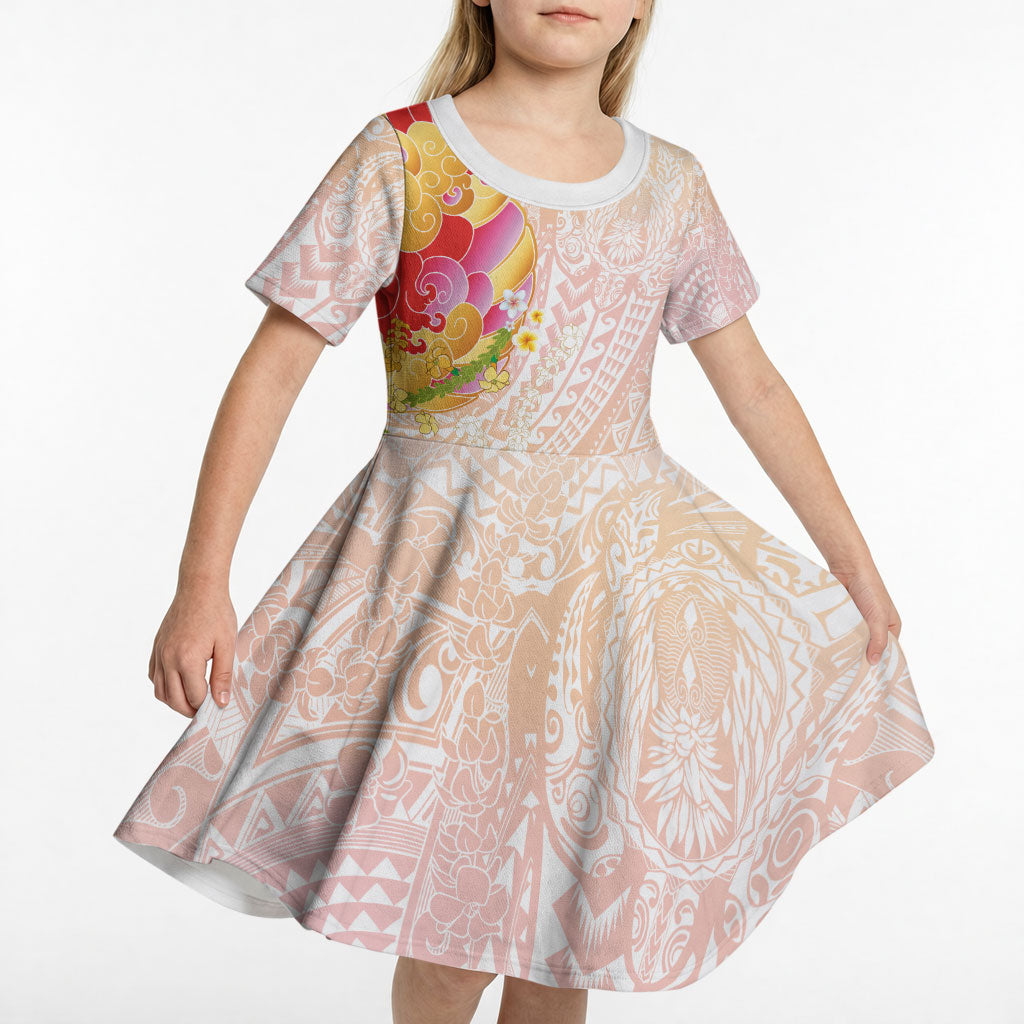 Japanese and Hawaiian Culture Fusion Kid Short Sleeve Dress Irezumi with Turtles and Lei Kakau Pattern Sunset Vibe