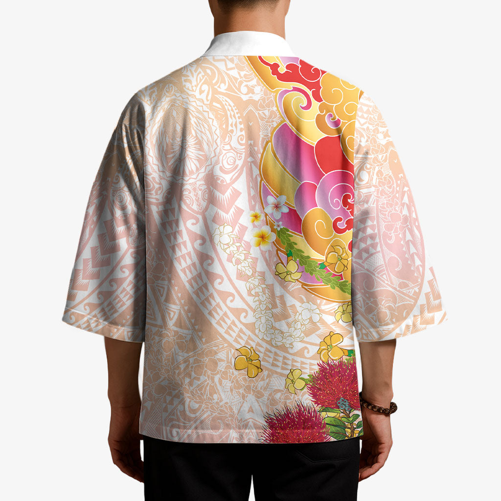 Japanese and Hawaiian Culture Fusion Kimono Irezumi with Turtles and Lei Kakau Pattern Sunset Vibe