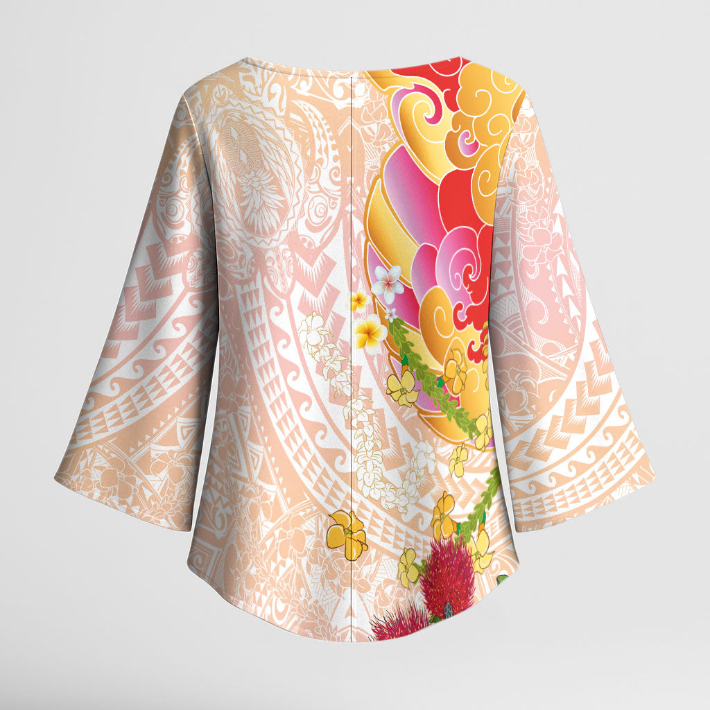 Japanese and Hawaiian Culture Fusion Kimono Sleeve Blouse Irezumi with Turtles and Lei Kakau Pattern Sunset Vibe