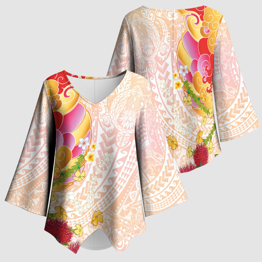 Japanese and Hawaiian Culture Fusion Kimono Sleeve Blouse Irezumi with Turtles and Lei Kakau Pattern Sunset Vibe