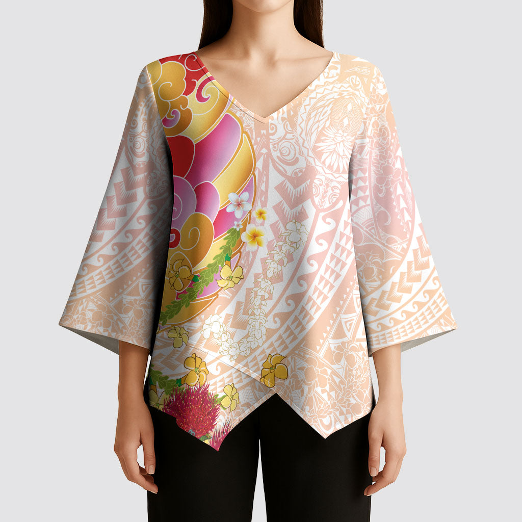 Japanese and Hawaiian Culture Fusion Kimono Sleeve Blouse Irezumi with Turtles and Lei Kakau Pattern Sunset Vibe