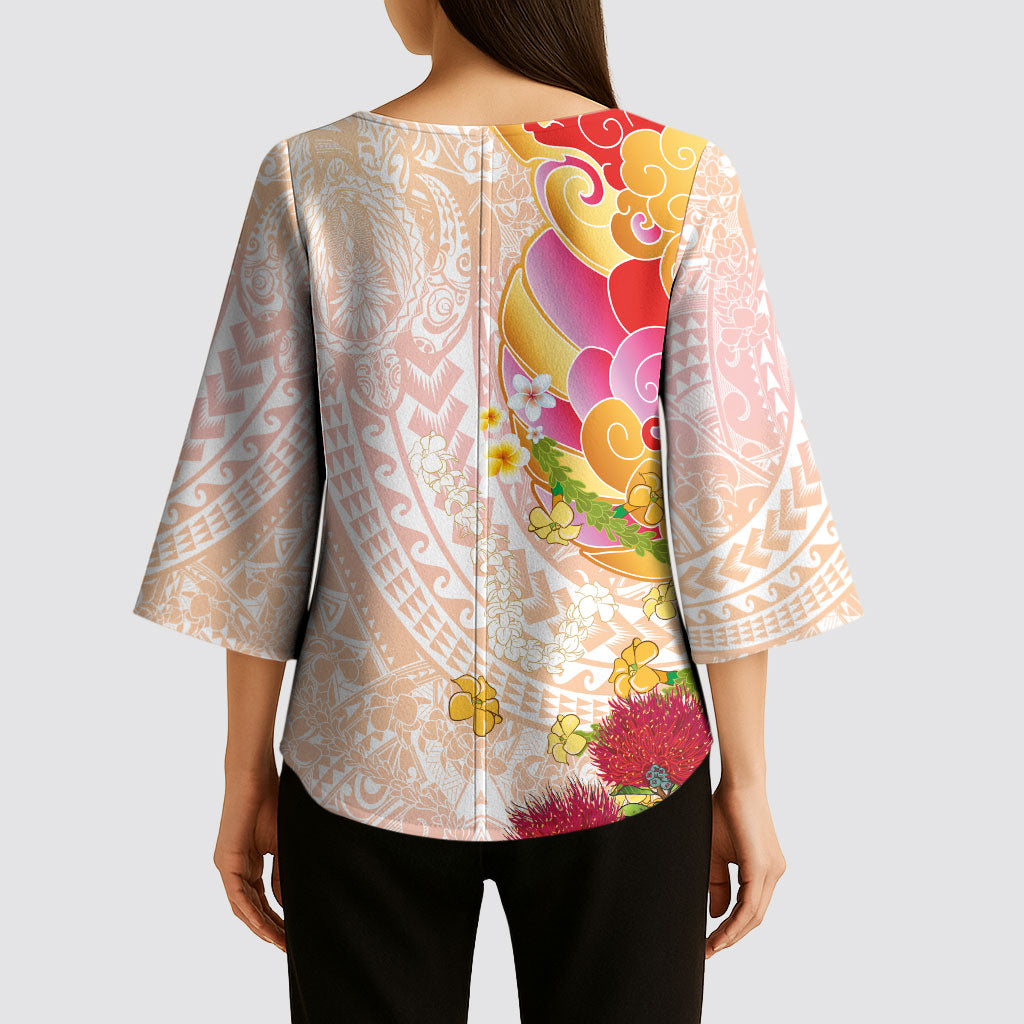 Japanese and Hawaiian Culture Fusion Kimono Sleeve Blouse Irezumi with Turtles and Lei Kakau Pattern Sunset Vibe