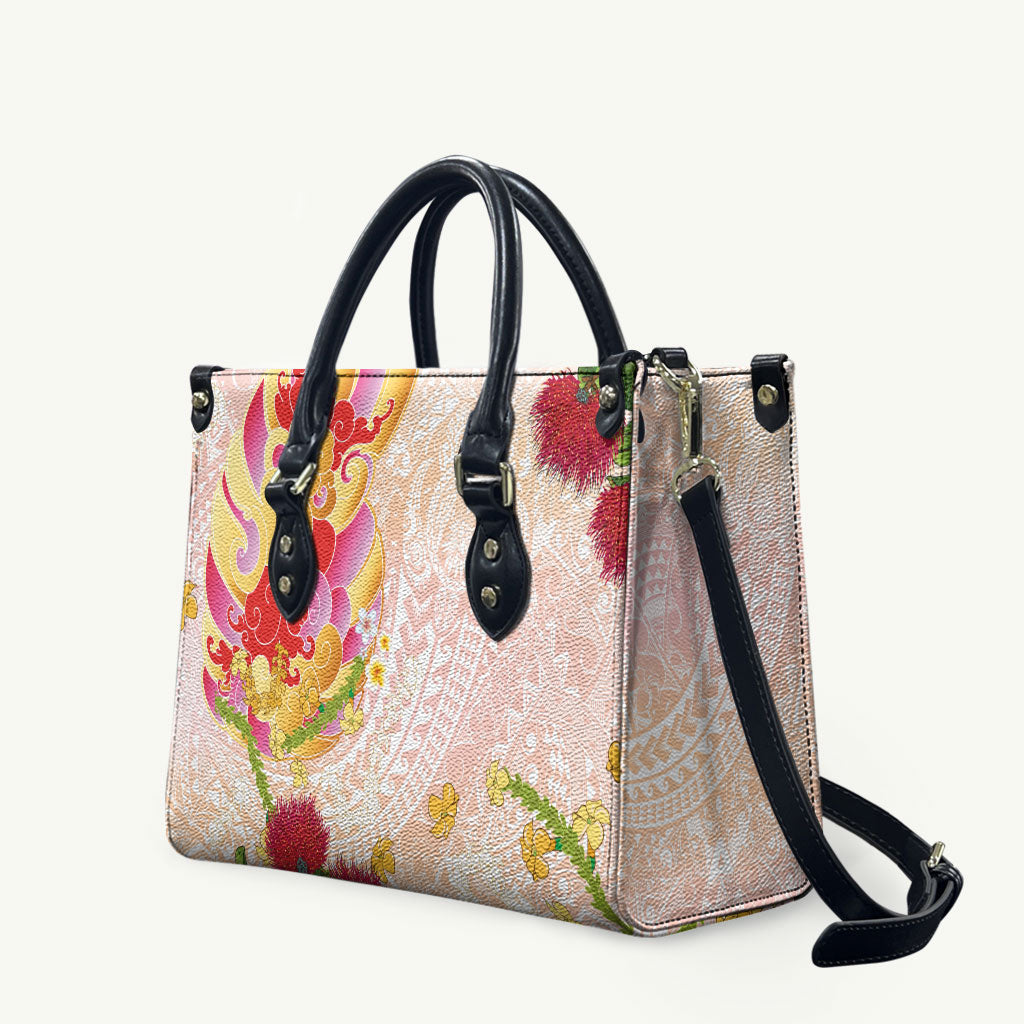 Japanese and Hawaiian Culture Fusion Leather Bag Irezumi with Turtles and Lei Kakau Pattern Sunset Vibe